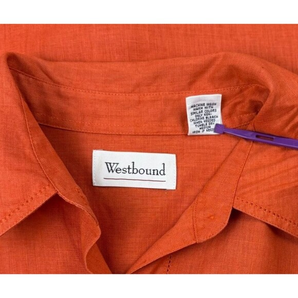 Westbound Orange Linen Button-Up LS Blouse Minimalist Beach Natural Large - Picture 14 of 14